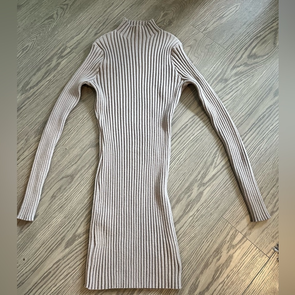 Tan Ribbed Bodycon Dress with Mock Neck